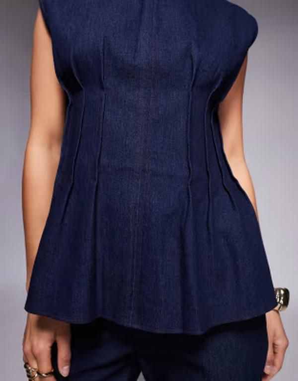 リバーアイランド レディース トップス タンクトップ デニム River Island Petite pintuck denim poplin top in darkwash blue part of