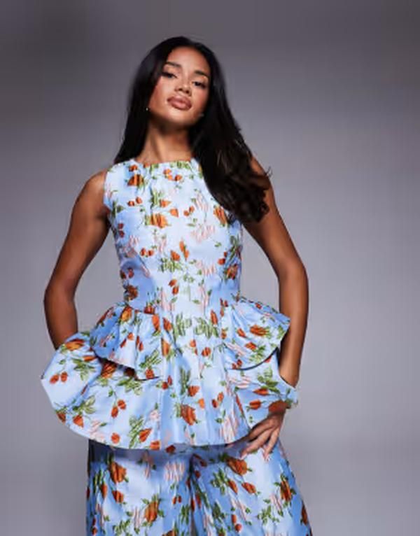 エイソス レディース トップス シャツ フラワー柄 キャップ フラワー ASOS LUXE jacquard peplum top with bow back in capri floral part