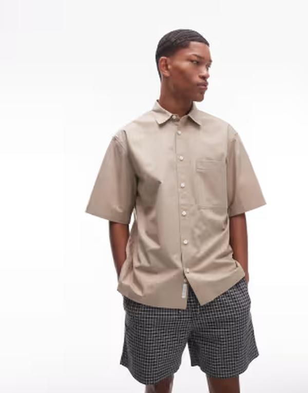 アルケット メンズ トップス シャツ コットン ARKET pure cotton poplin shirt with short sleeves in light BEIGE ベージュ