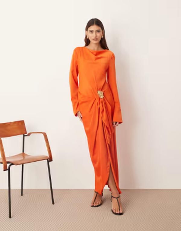 アレンジ レディース トップス ワンピース ドレープ マキシ ARRANGE long sleeve drape maxi dress with molten metal trim in orange