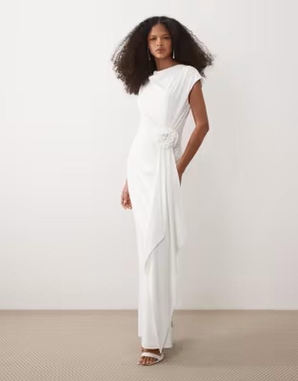 シックスストーリーズ レディース トップス ワンピース キャップ Six Stories Bridal stretch cap sleeve corsage midaxi dress White ホワ
