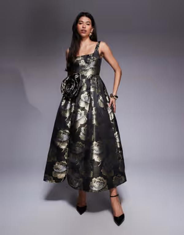 エイソス レディース トップス ワンピース フラワー柄 マキシ フラワー ASOS LUXE jacquard 3D floral maxi dress and Gold floral ゴールド