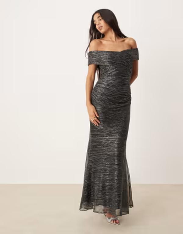 エバーニュー レディース トップス ワンピース ギャザー トール Ever New ruched metallic plisse midaxi dress in charcoal チャコール