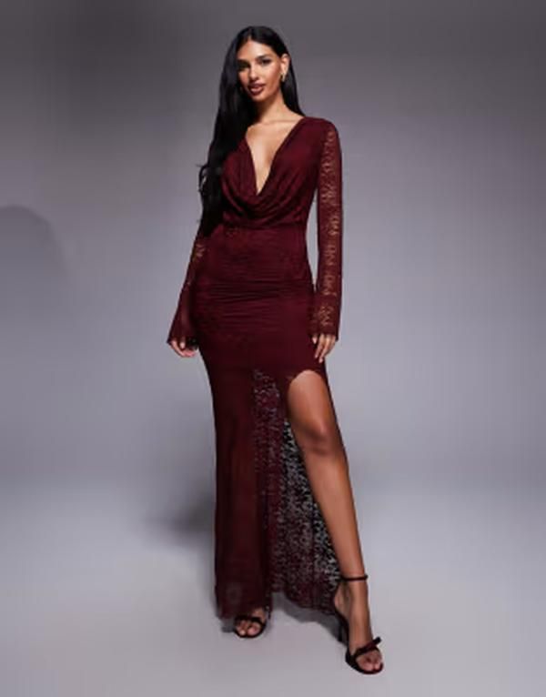 カイア レディース トップス ワンピース レース マキシ Kaiia exclusive cowl neck flare sleeve thigh slit lace maxi dress Burgu