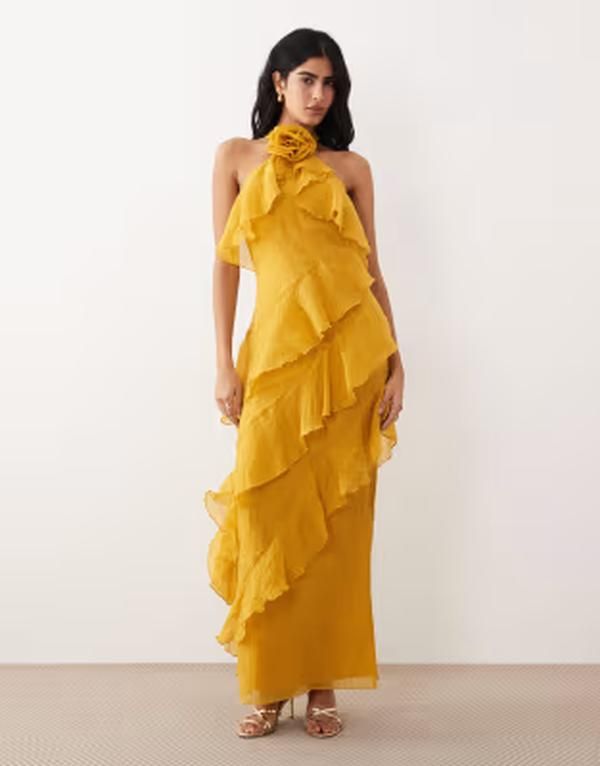 プリティラヴィッシュ レディース トップス ワンピース ティアード アシンメトリー フリル マキシ ホルター Pretty Lavish corsage halter neck asymmetric