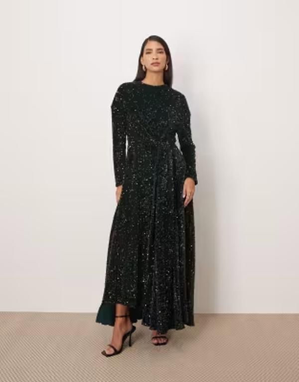 アレンジ レディース トップス ワンピースパンコール マキシ ARRANGE all over sequin long sleeve maxi dress in forest Green グリーン