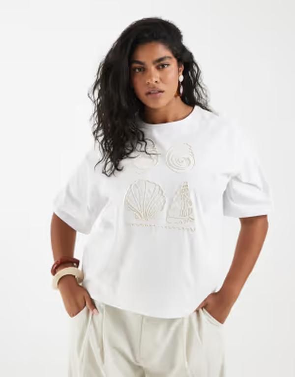ヴェロモーダ レディース トップス Tシャツ Vero Moda Curve short sleeve Tshirt with shell fringing detail Sno white Shel 13,075円