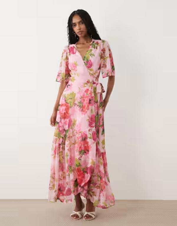 ホープ＆アイビー レディース トップス ワンピース フラワー柄 マキシ フラワー Hope Ivy flutter sleeve maxi wrap dress floral PINK ピンク