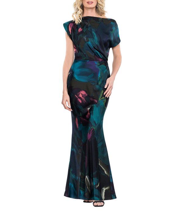 ベッツィアンドアダム レディース トップス ワンピース プリント サテン Betsy Adam Long Hamme red Satin Abstract Print Dress TealMulti 50,880円