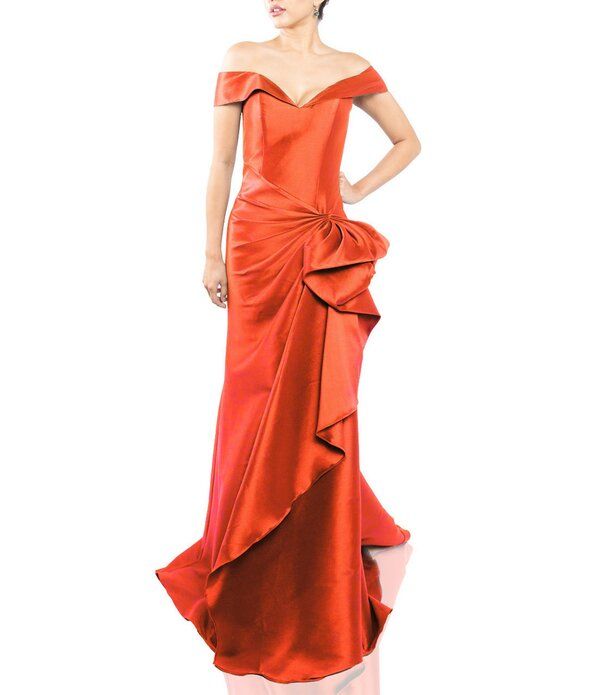 テラニクチュール レディース トップス ワンピース フリル Terani Couture OfftheShoulderuffle Front Mikado Gown Red レッド