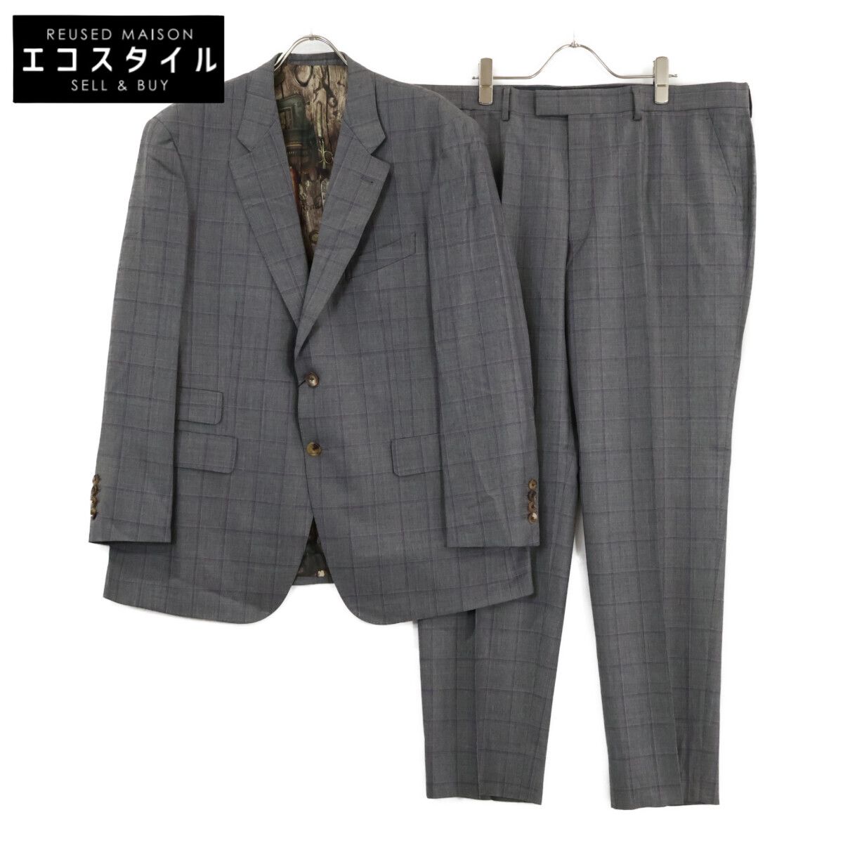 PaulSmith　ポールスミス　【新品同様】チェック ウール 裏地総柄シルクプリント 2Bシングル 3P　ジャケット・ベスト：XL/ボトムス：100