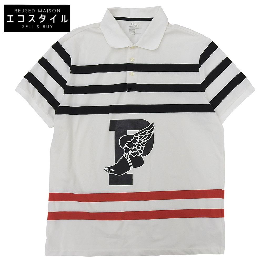POLO RALPH LAUREN　ポロ ラルフローレン　美品 コットン P-Wing フットボーダー ポロシャツ トップス メンズ 白×黒×赤 L 710737961001　L