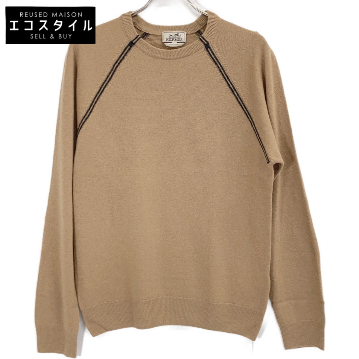HERMES　エルメス　02-5747 ベージュ ヴァージンウール×カシミヤ クルーネック ロングスリーブラグランニットプルオーバー　L 30,317円
