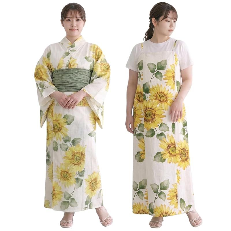 [KYOETSU] [キョウエツ] 浴衣セット 変わり織 生成り ワンピース 2点セット(浴衣、兵児帯) レディース フリーワイドサイズ FW (泡沫向日葵, フリーワイドサイズ)