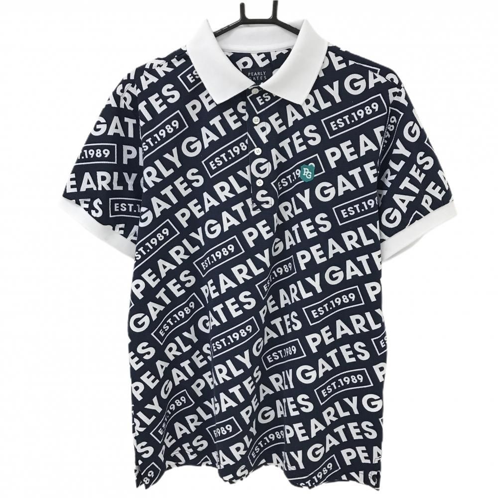 【美品・希少・7：2XL】パーリーゲイツ 半袖 ポロシャツ パーリーゲイツ 半袖ポロシャツ ネイビー×白 ロゴ総柄 メンズ 7(2XL