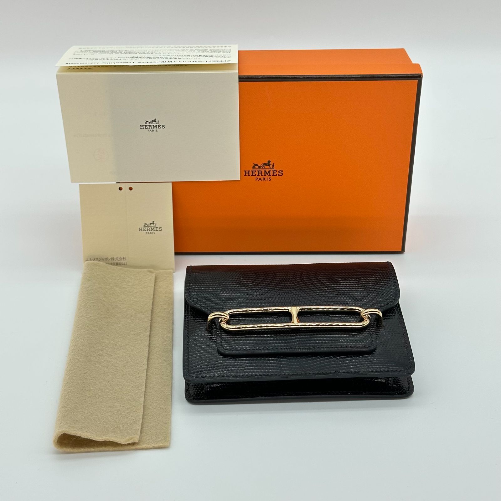 エルメス HERMES ロウリスリム D 刻印 二つ折り財布 ブラック プレシャレザー ゴールド金具 コンパクト財布 レディース Aランク