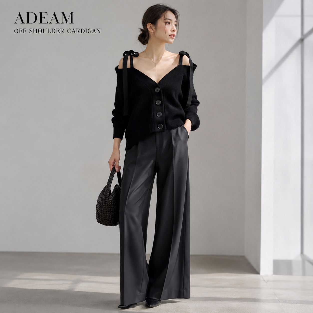 【美品 / オフショルダーカーディガン 】ADEAM / アディアム フォクシー ブラック サイズ 2 （M〜L相当） コットンカシミヤ素材 お食事会 お出かけ デイリーコーデ