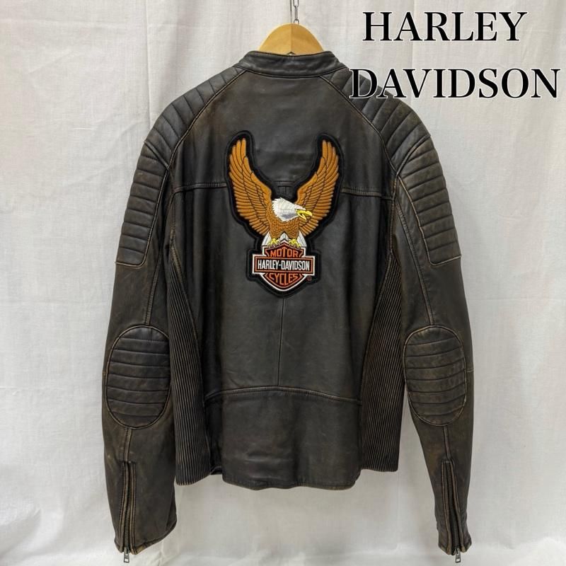 ハーレーダビッドソン モーターサイクルジャケット レザー lamb skin シングル ノーカラー ワッペン イーグル ダークブラウン L メンズ L ISItems【USED】【古着】【中古】50162382