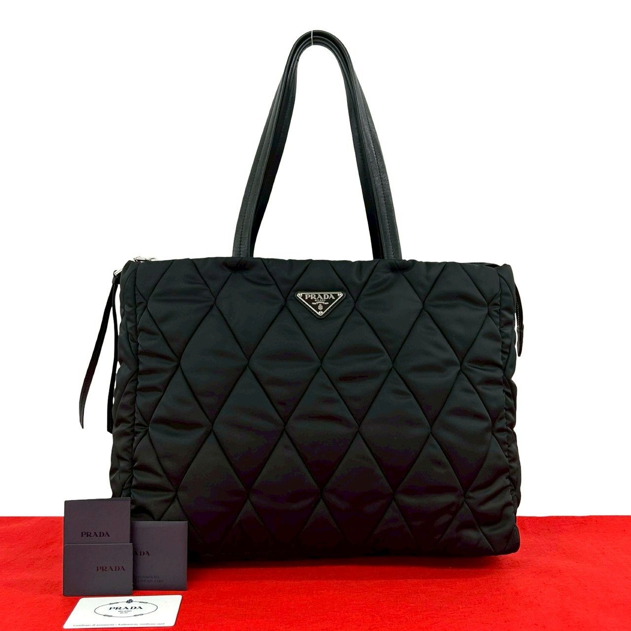 極 美品 PRADA プラダ 三角ロゴ 金具 キルティング ナイロン レザー 本