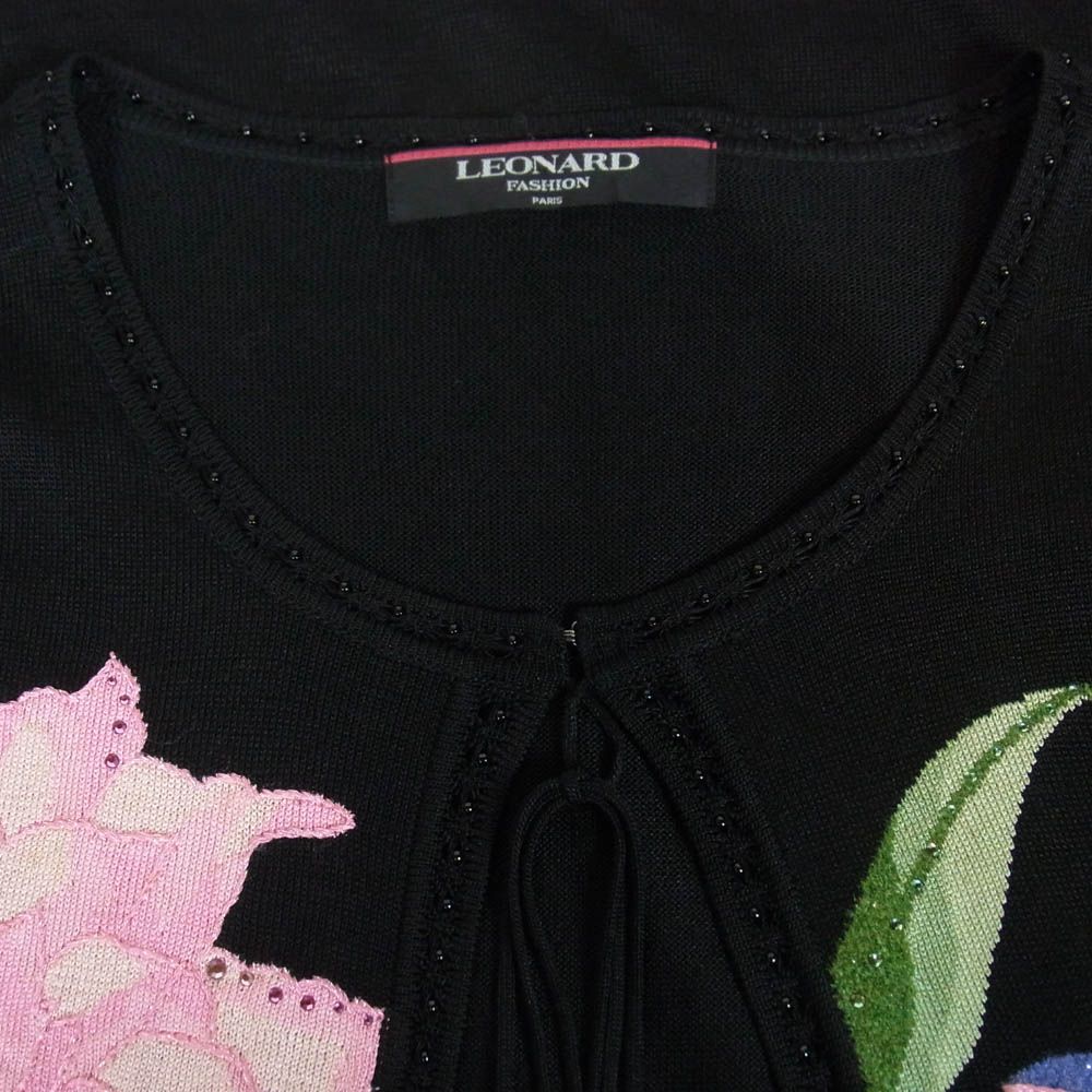 レオナール LEONARD FASHION シルク混 花柄 ビジュー クルーネック