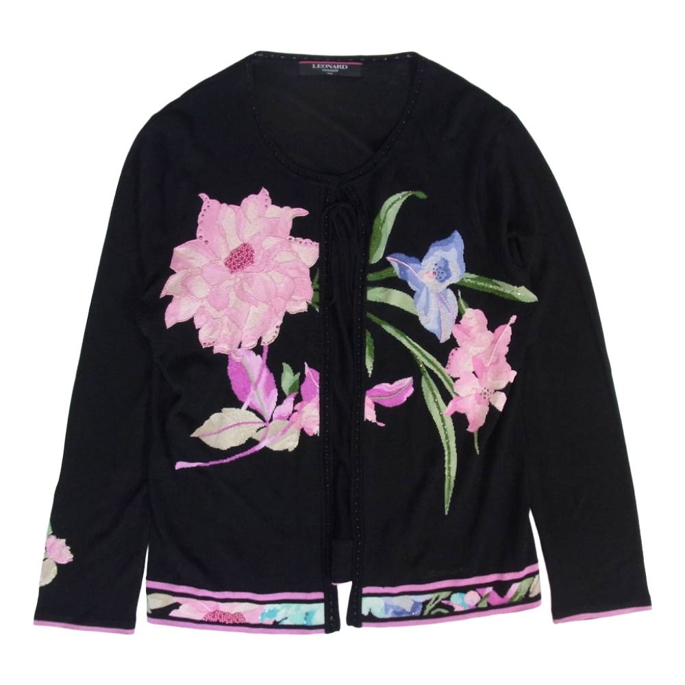 レオナール LEONARD FASHION シルク混 花柄 ビジュー クルーネック