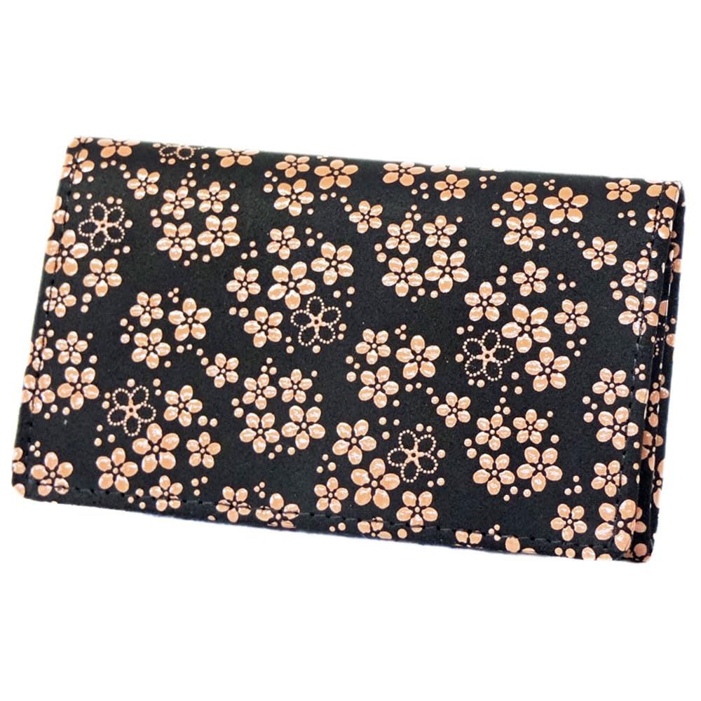 [印傳屋] 印伝 名刺入れ 2501 黒地鹿革×ピンク漆 忘れな草柄 7cm×11cm×1.3cm ポケット3