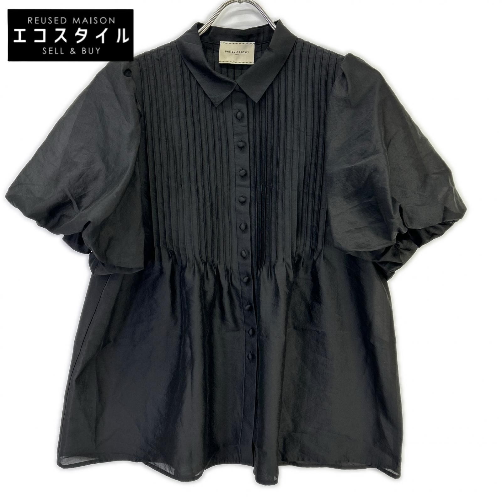 UNITED ARROWS　ユナイテッドアローズ　1516-1-6621656 ブラック シルキーピンタック ショートスリーブ ブラウス　なし