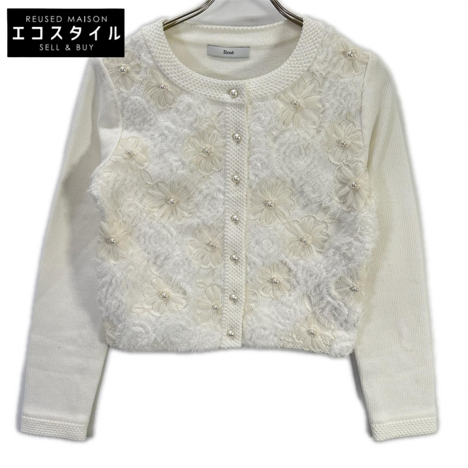 Rene ルネ 6312401 ホワイト フローラルデザイン ノーカラーニット