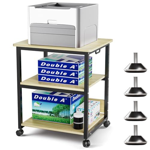 DEWEL プリンター台 プリンターラック 幅60cm×奥行50cm×高さ70cm プリンターワゴン 3段 総耐荷重90? プリンターカート キャスター付き 丸角設計 中棚調整 A3対応 アジャスター付き オフィス ホーム収納用 組み立て簡単 (薄黄色（木ｍａ 10,346円