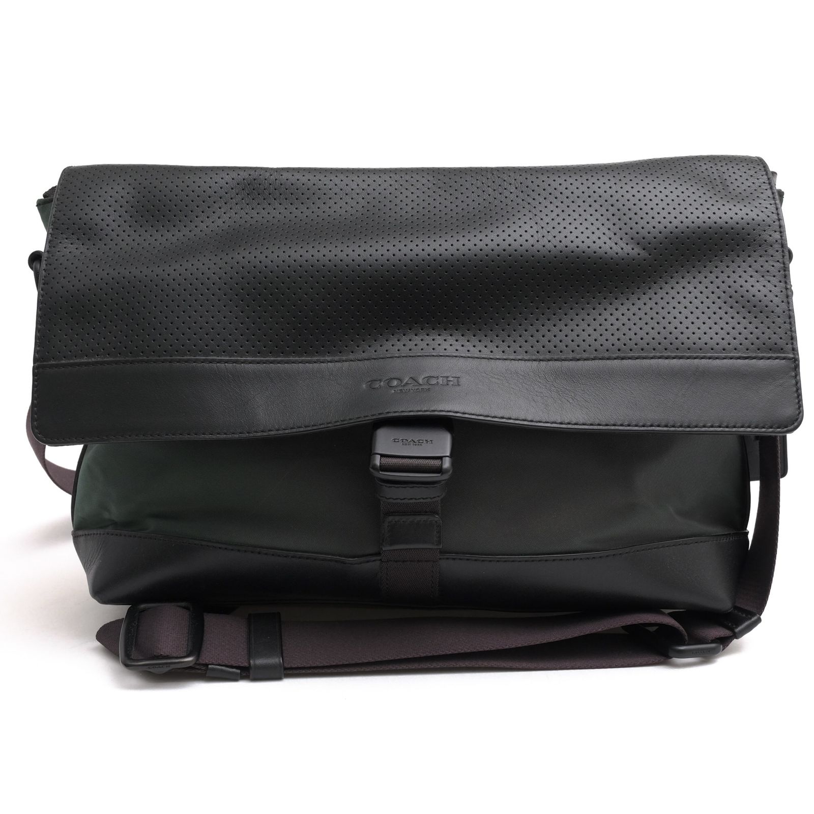 コーチ／COACH バッグ ショルダーバッグ 鞄 メンズ 男性 男性用 レザー 革 本革 グリーン 緑 F71968 Bike Bag in Nylon And Perforated Leather パンチング加工 フラップ式 メッセンジャーバッグ バイカラ