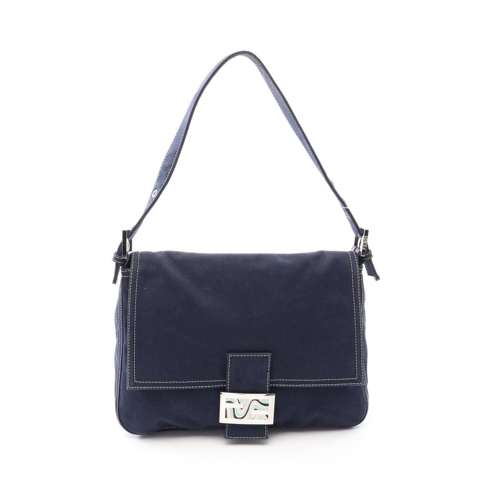 フェンディ FENDI ショルダーバッグ マンマバケット ネイビー キャンバス レザー マンマバケット レディース Used B