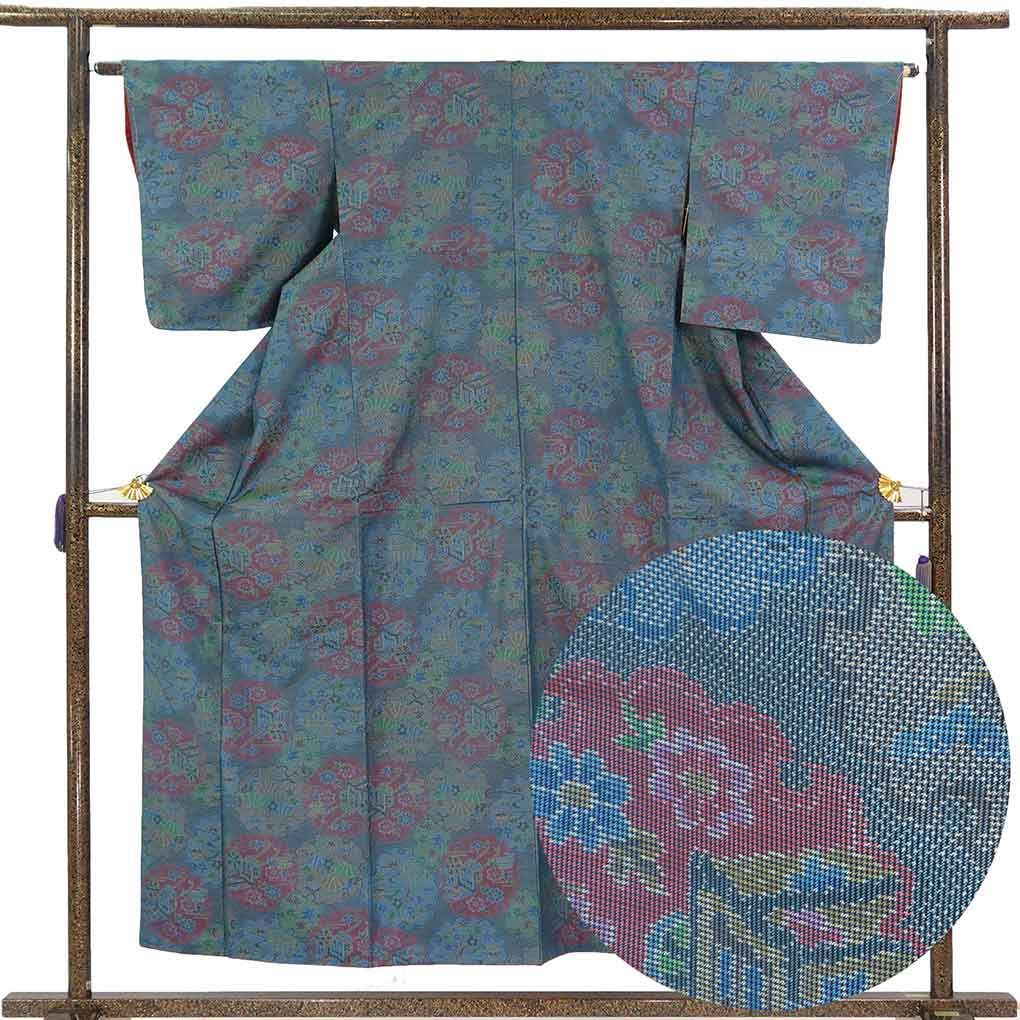 紬 身丈156cm 裄62.5cm 前幅25cm 後幅28.5cm 袖丈49cm 袖幅32cm レディース 袷 雪輪 裄Sサイズ 秋冬春用 正絹（シルク）ネイビー 未使用品 大島紬 リメイク リユース リサイクル【呉服のきくや】 8,436円