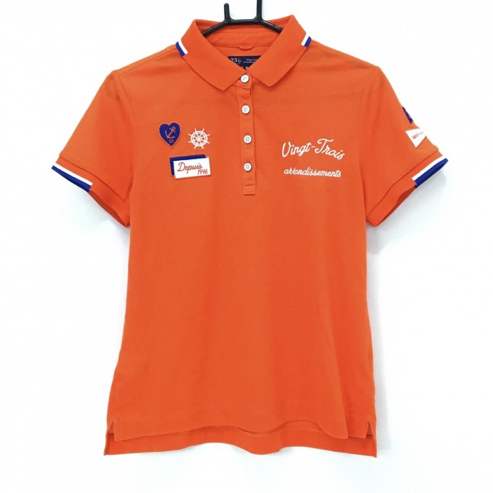 【未着用】 23区GOLF レディース 半袖 ポロシャツ タグ付き サイズII 超美品】23区ゴルフ 半袖ポロシャツ オレンジ系×ブルー×白 襟縁ライン