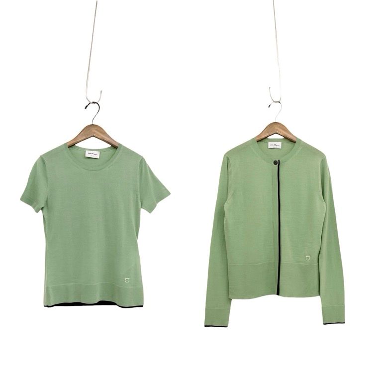 未使用品 Salvatore Ferragamo フェラガモ ニットアンサンブル ガンチーニボタン ミント S 0743682/0743681