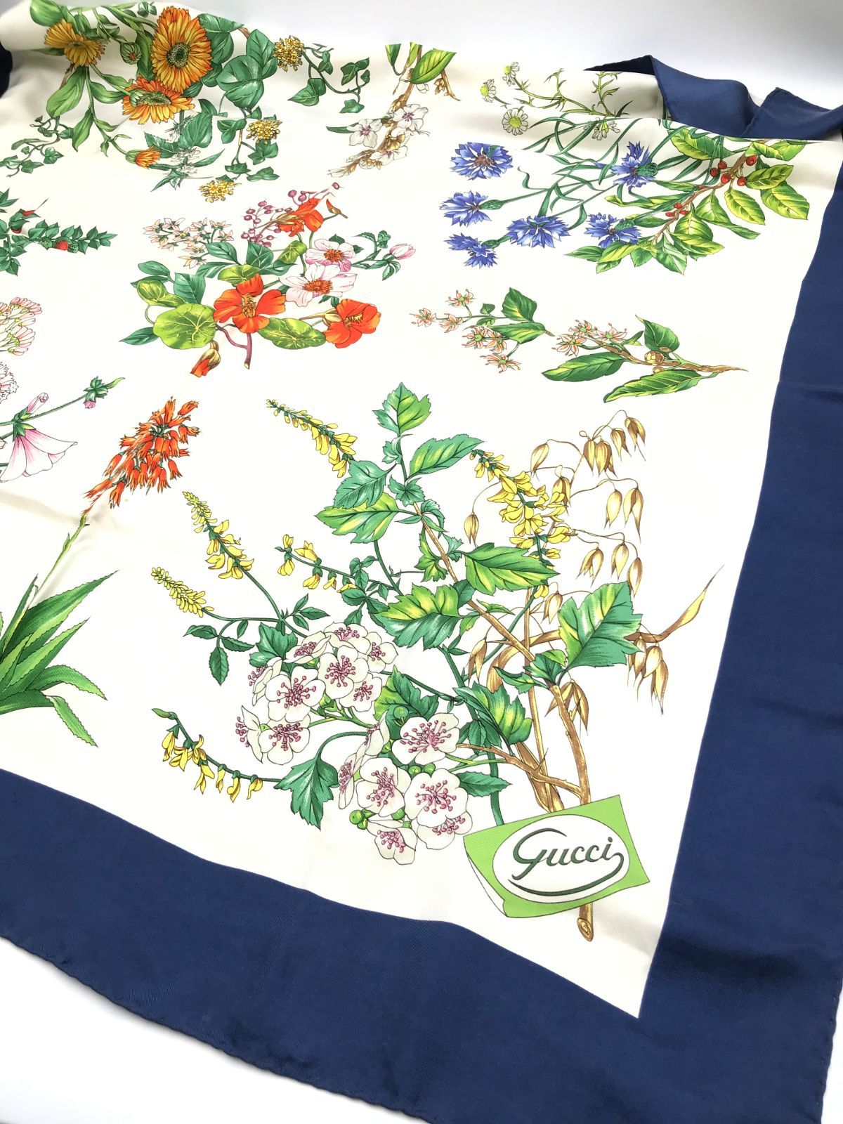 GUCCI グッチ 大判スカーフ 花柄 フラワー ブルー×マルチカラー 2440