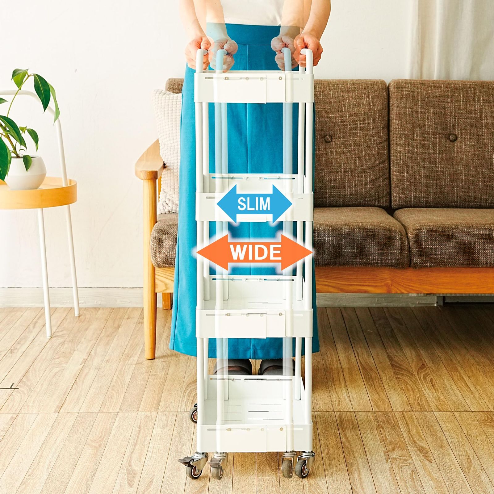 キッチンワゴン 隙間収納ワゴン キャスター付き（固定機能）スチール製 幅18.5-27cm伸縮 マグネット対応 取っ手付き スリムストッカー キッチン/洗面所/ランドリー/冷蔵庫横 3段・4段・5段選べる (横幅調整タイプ(4段))ｍａ