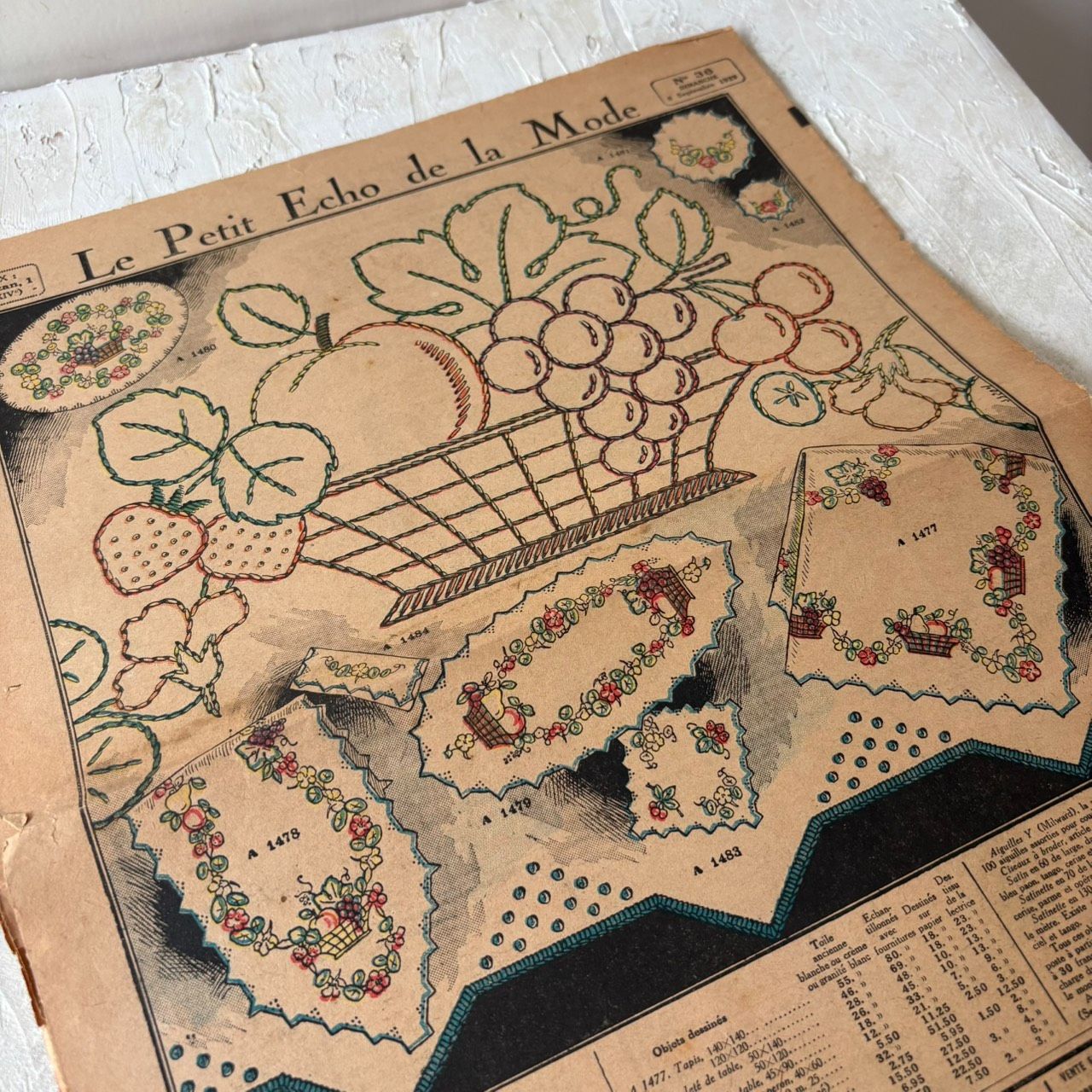 1929年 フランスアンティーク 孔雀・ぶどう・果物 刺繍図案