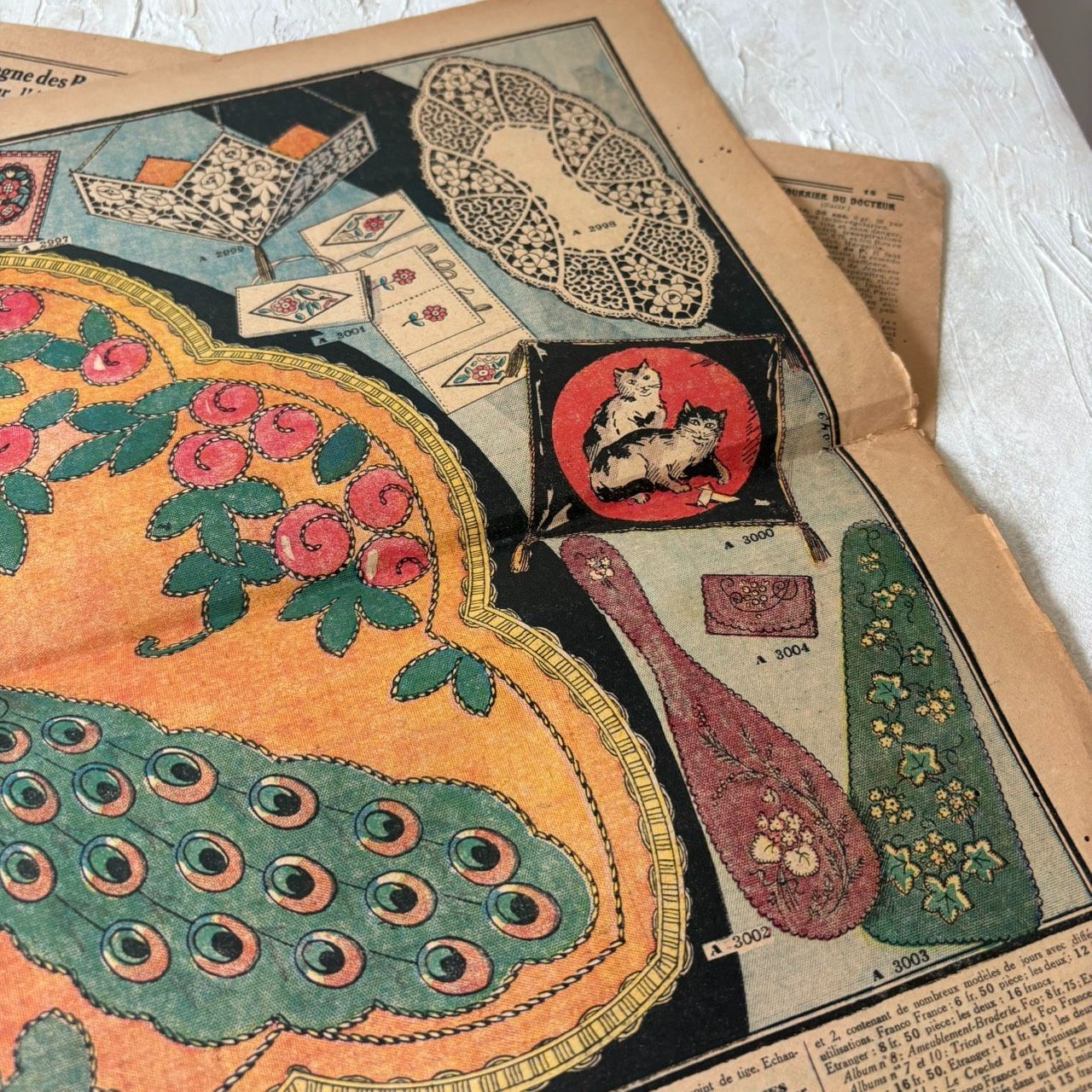 1929年 フランスアンティーク 孔雀・ぶどう・果物 刺繍図案