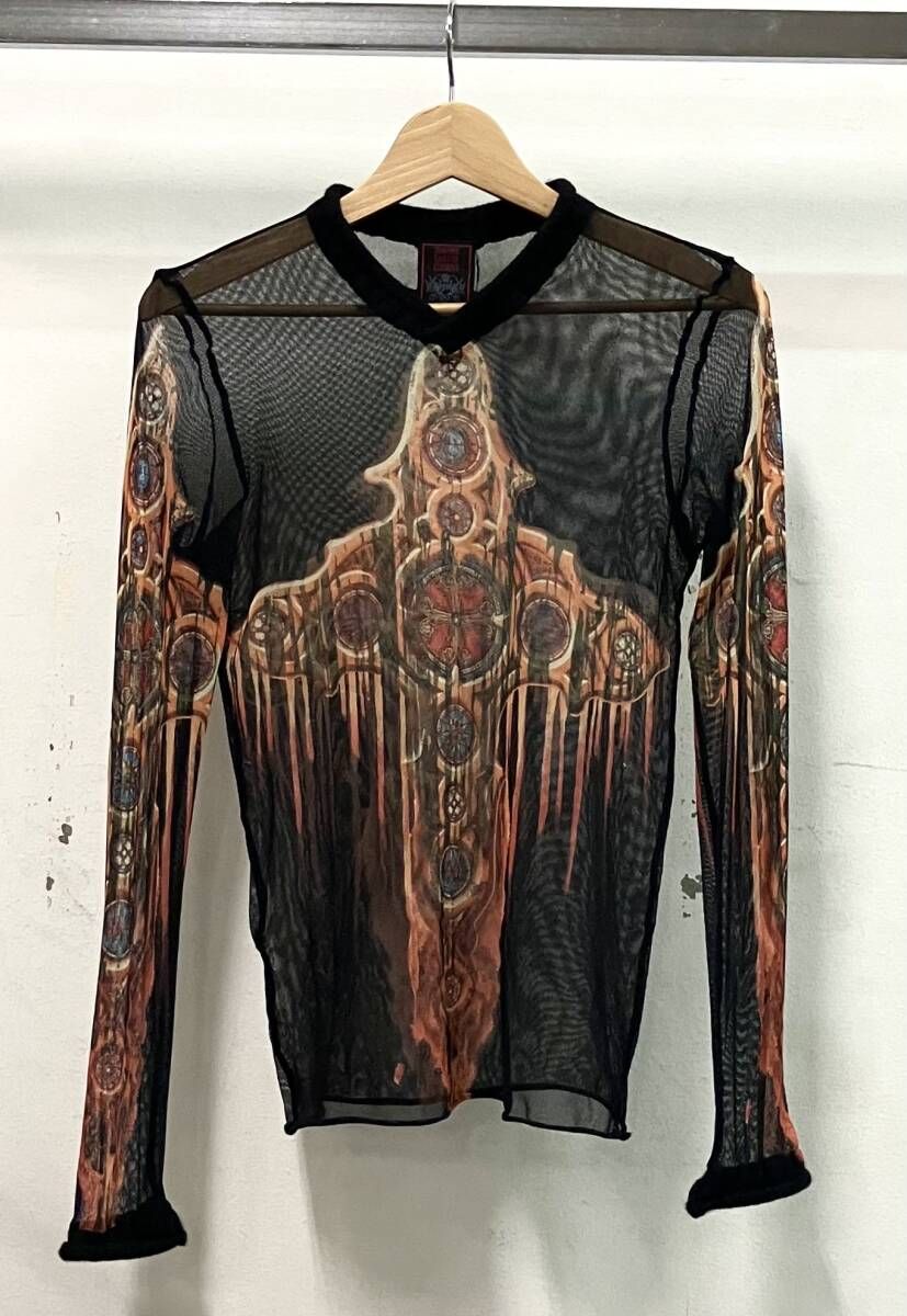 JEAN PAUL GAULTIER ジャンポールゴルチエ 長袖Tシャツ•カットソー サイズ48 ブラック 日本製 パワーネット ゴシック 宗教柄 インポート