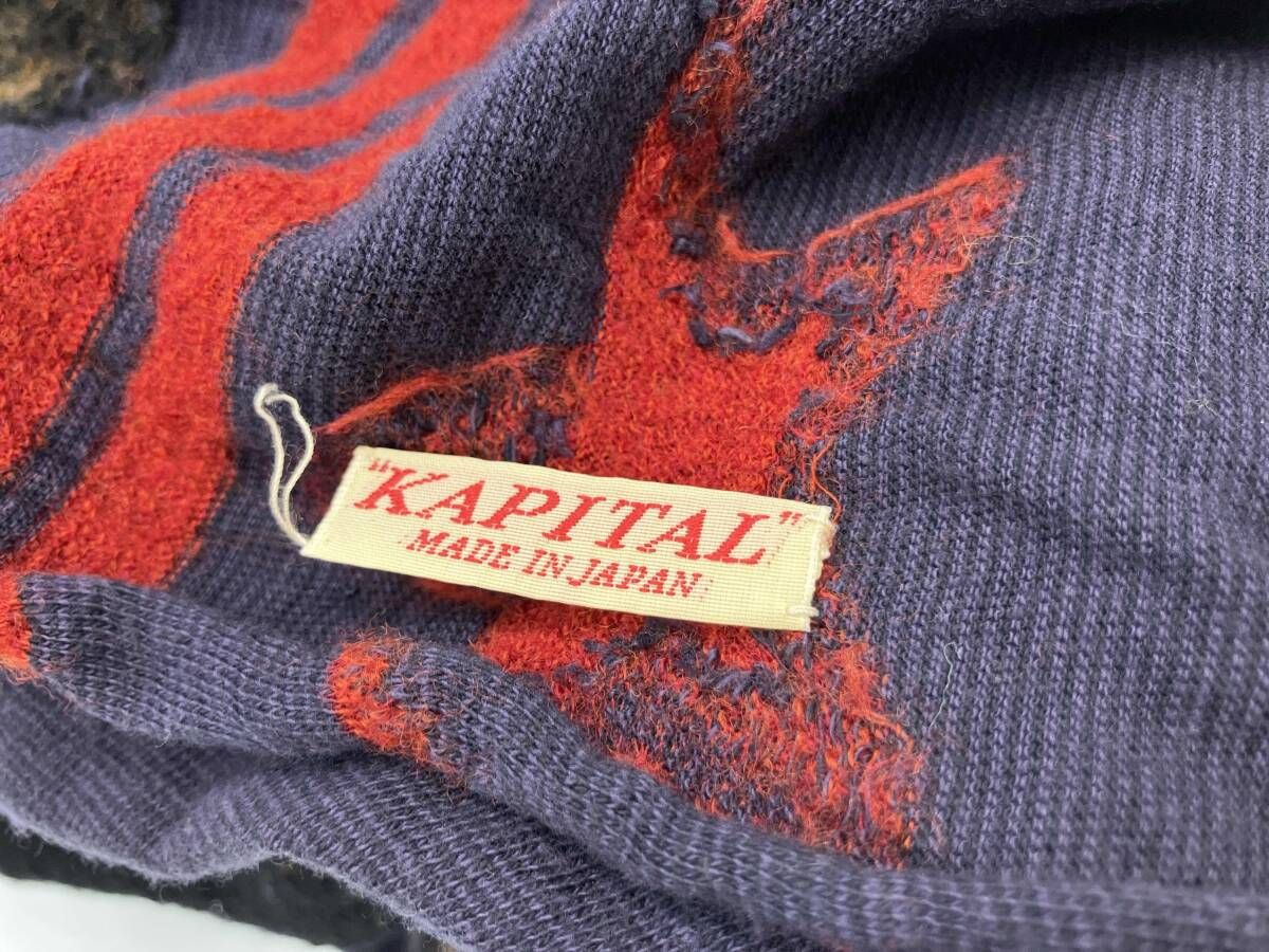 KAPITAL 縮絨ストール マフラー ネイビー系 碇デザイン柄 タグ切れ有り