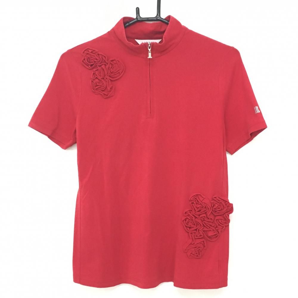 【お値下げ】【新品未使用】LANVIN SPORT ハーフジップシャツ38サイズ ランバンスポール 半袖ハイネックシャツ レッド 一部花 ハーフジップ