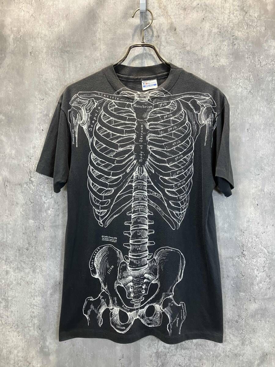 90s USA製 HANES ヘインズ Leslie Arwin 人体骨格 両面TEE グレー サイズ L