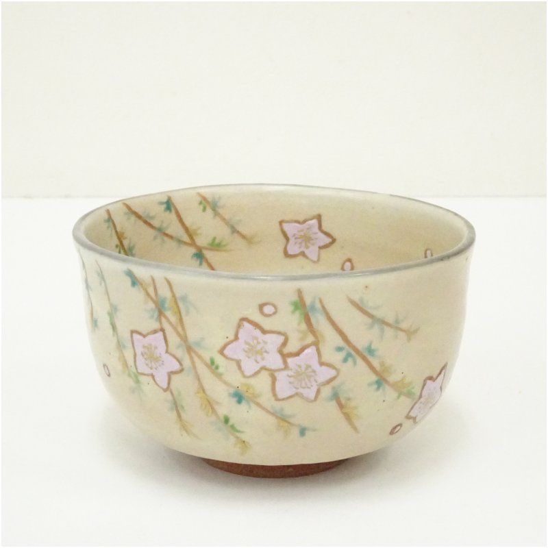 京焼 勝龍寺窯造 乾伸行 色絵桃柳茶碗（共箱） 茶道 抹茶 おしゃれ