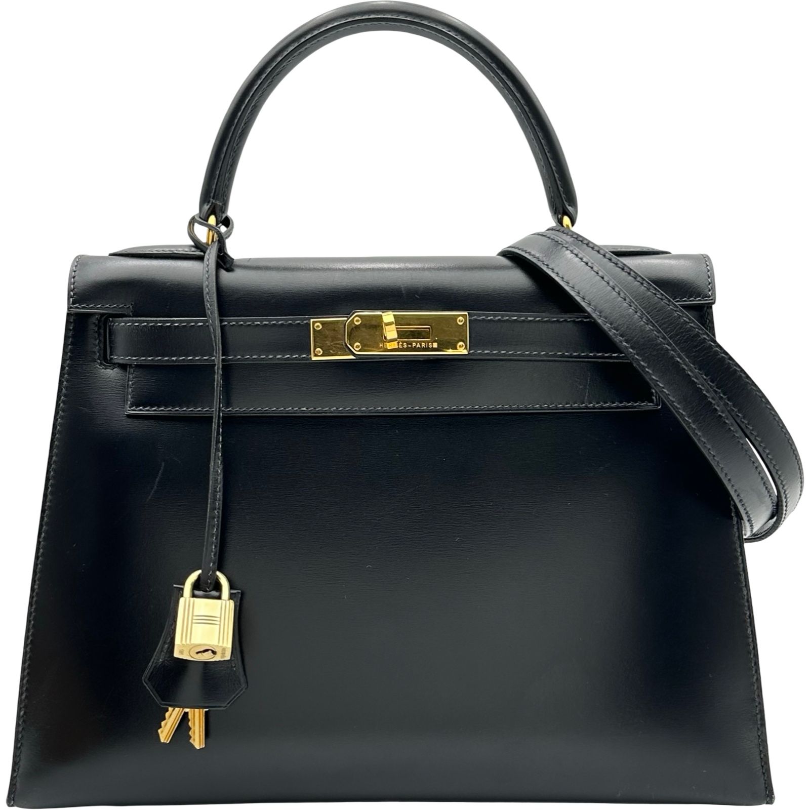 エルメス HERMES ケリー28 外縫い 〇W刻印 ブラック ゴールド金具 ボックスカーフ レディース ショルダーバッグ