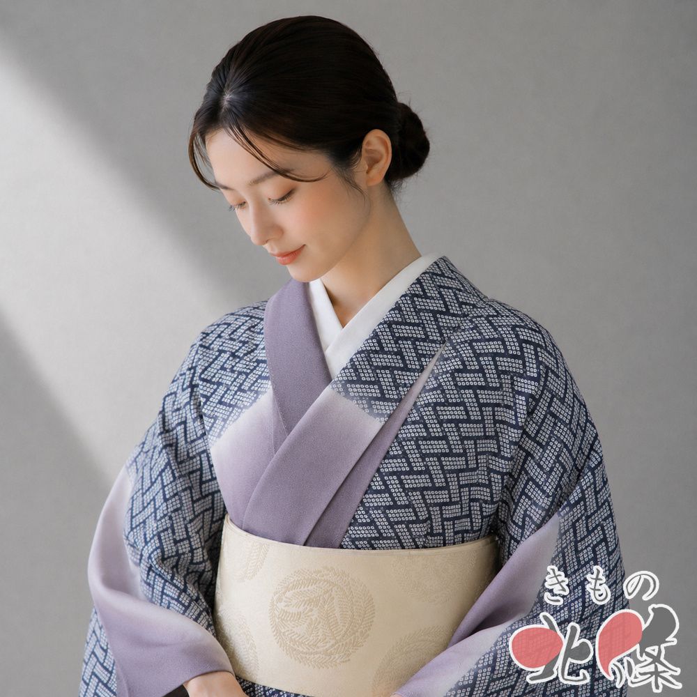 小紋 着物 中古 正絹 袷 カジュアル 桧垣に鹿の子模様 桜文 江戸鼠色 墨色 金 身丈161.5cm 裄67.5cm M きもの北條 A1385-7
