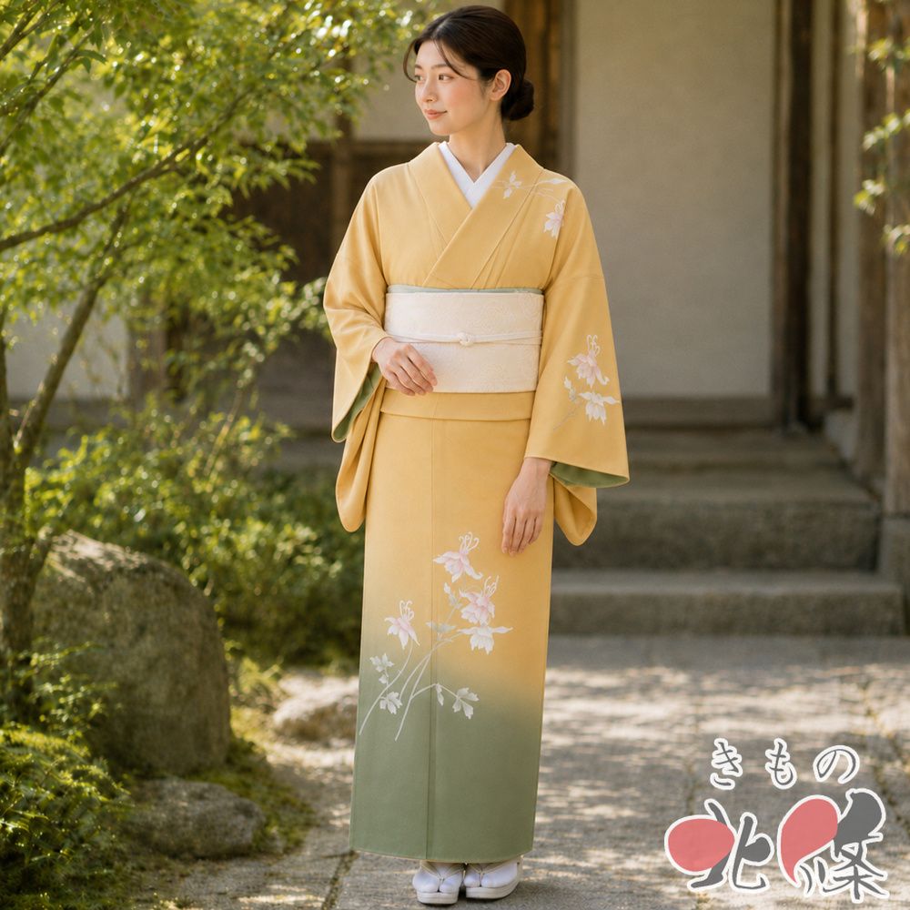 訪問着 着物 未使用 正絹 袷 フォーマル 花の図 暈し 飴色 草色 身丈156cm 裄65cm M きもの北條 A1385-4