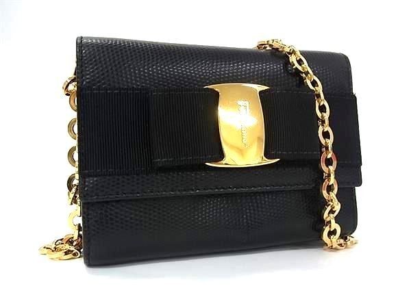 SALVATORE FERRAGAMO フェラガモ ショルダーバッグ ヴァラリボン 213202 ブラック系 リザード型押しレザー レディース チェーン ゴールド金具 美品