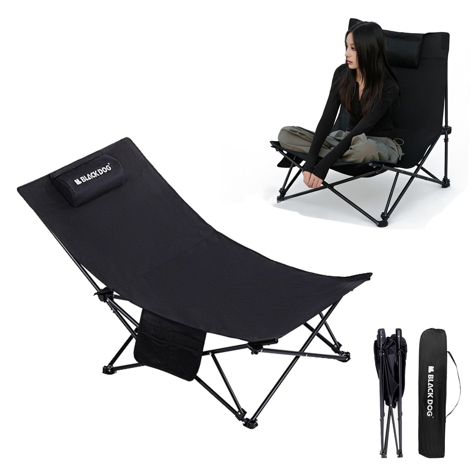 Blackdog リクライニングチェア 150KG耐荷重 2段階調整 瞬時展開 座面68cm 組立て不要 | 枕付き ブラケットアップグレード 軽量 通気 耐磨耗 折り畳み キャンプ 登山 旅行 公園 ピクニック 釣り お花見 ポータブル 昼寝シート 会社ｍａ
