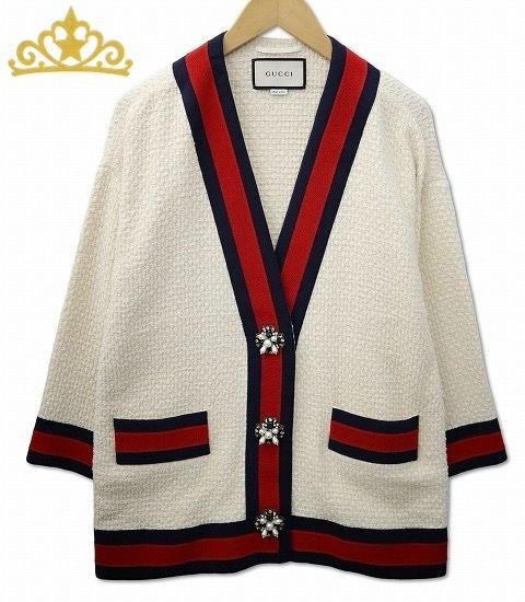 GUCCI パールボタン オーバーサイズ ツイード カーディガン 38(XS) IVORY(アイボリー) レ