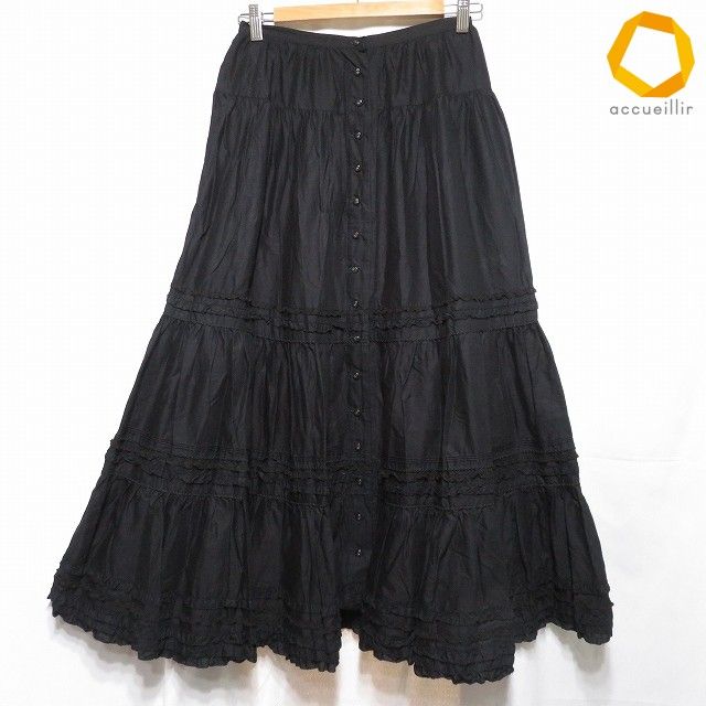 #anc ピンクハウス PINKHOUSE スカート 黒 フリル レース フロントボタン ロング レディース [1010377]
